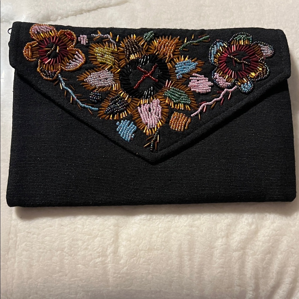 Embroidered Black Clutch